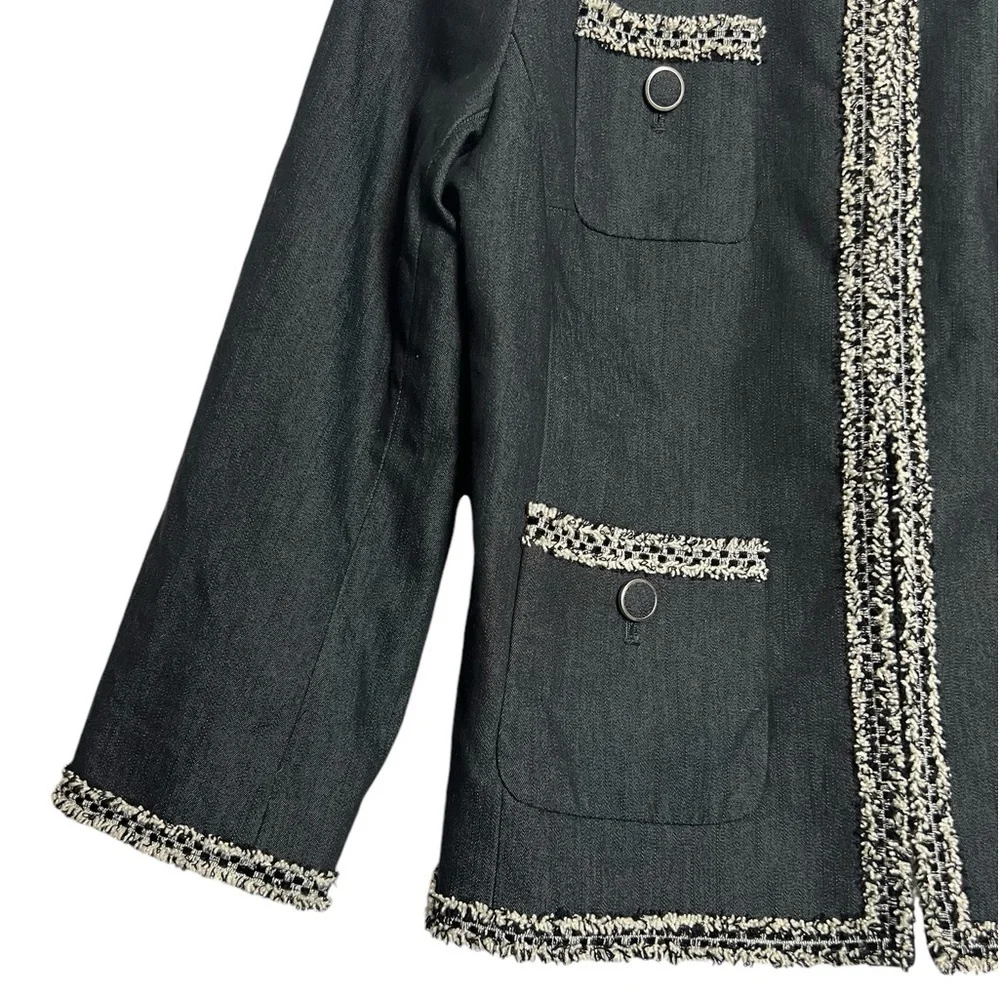 Talbots Lady Jacket Black Chambray Tweed Fringe 8P